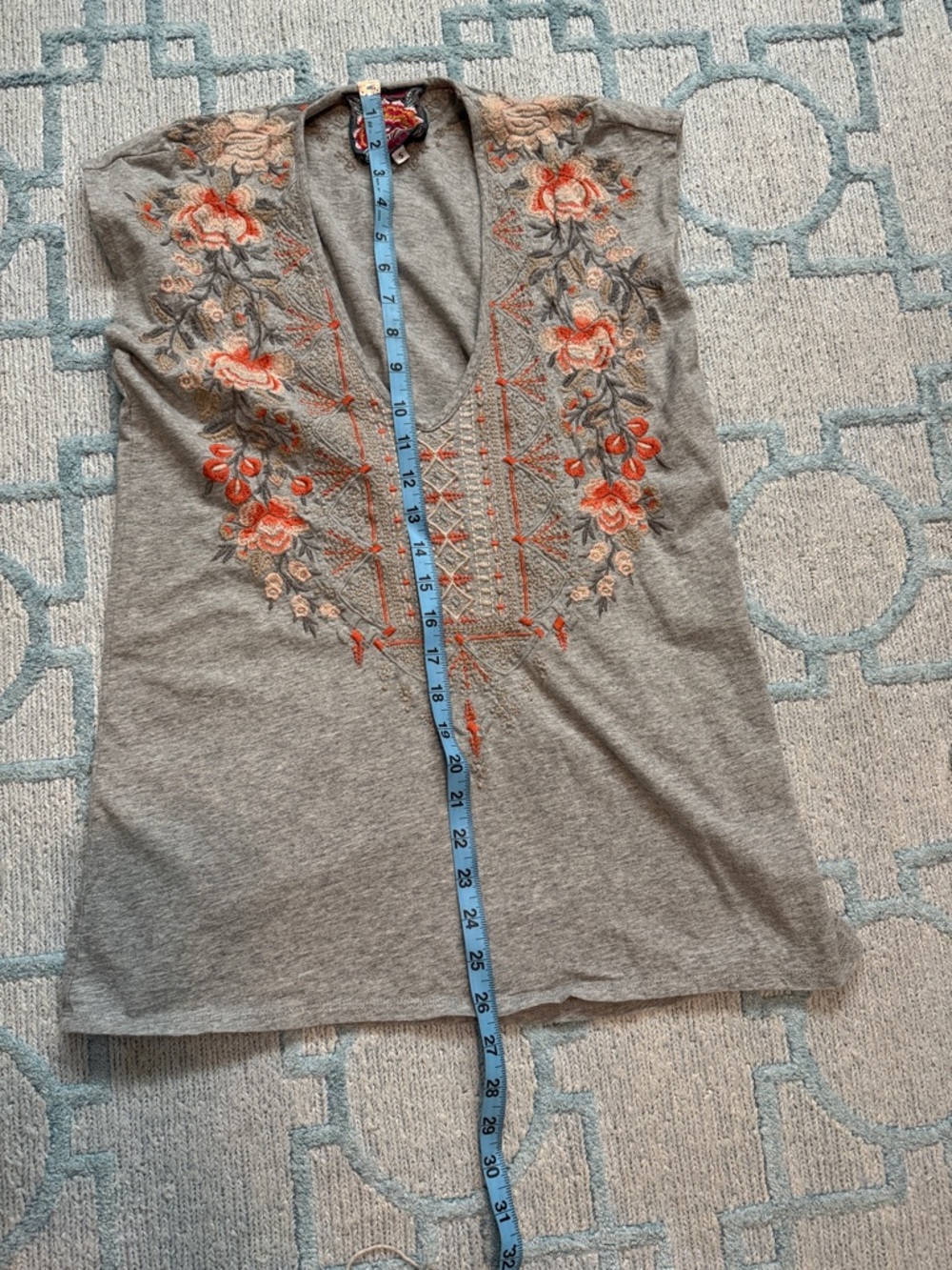 Johnny Was Gray Tank Top with Coral and Peach Embroidery - Picture 4 of 7
